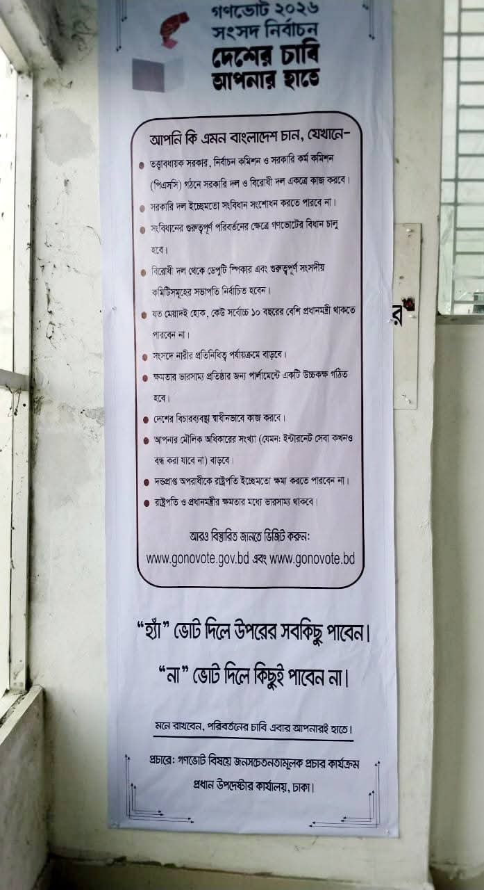সরকারি নির্দেশনায় গণভোট ২০২৪ উপলক্ষে নারায়ণগঞ্জে ব্যানার স্থাপন